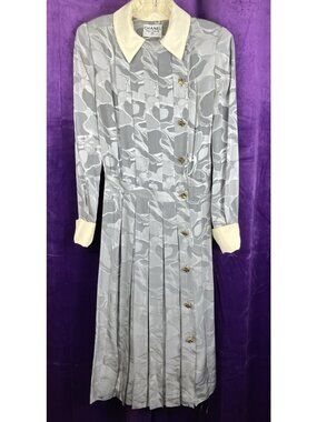 Vintage 80s Chanel Silk Flapper Asymmetric Button Pleat Dress Gray Clover Button